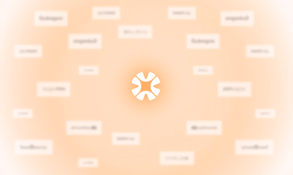 DealerCX icon in the center with a soft orange glow, surrounded by blurred tiles representing integrations and partners.